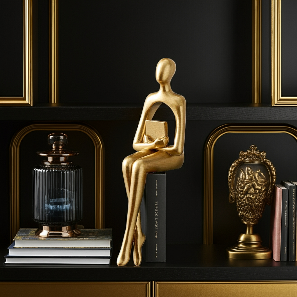 Escultura Decorativa Dourada Sentada – Arte Abstrata Minimalista 23cm