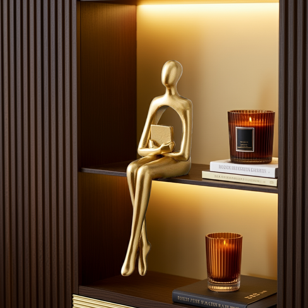 Escultura Decorativa Dourada Sentada – Arte Abstrata Minimalista 23cm