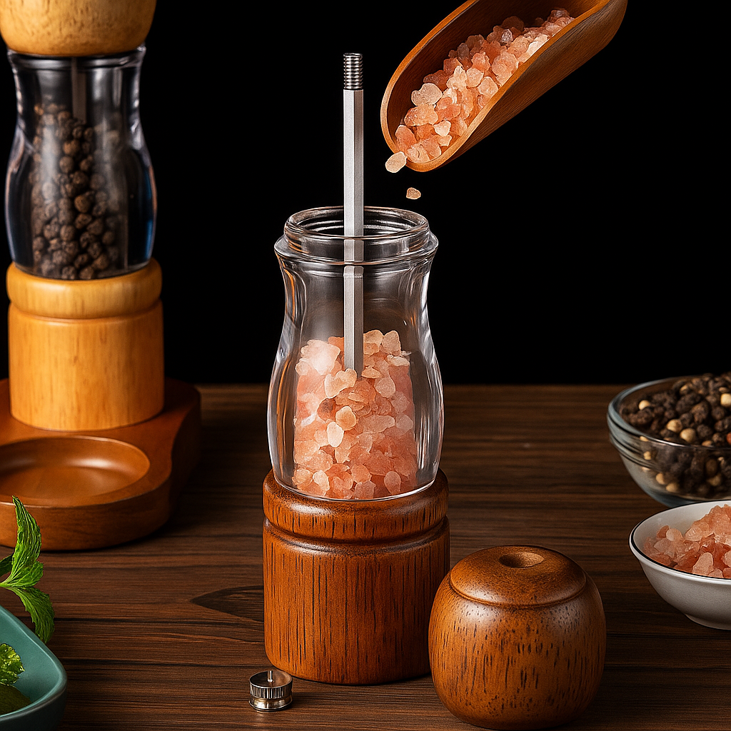 Moedores de Pimenta e Sal com Base de Madeira – Conjunto Retrô 8” em Vidro e Madeira