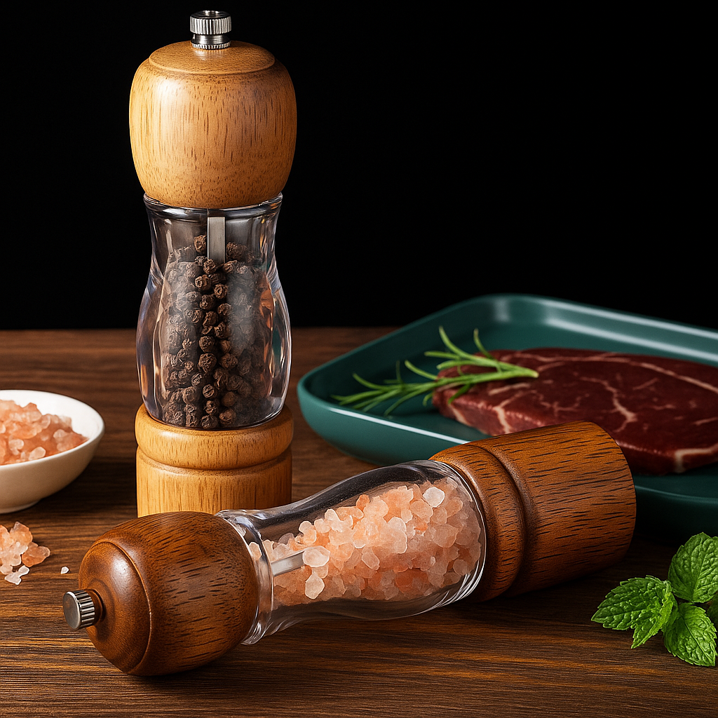 Moedores de Pimenta e Sal com Base de Madeira – Conjunto Retrô 8” em Vidro e Madeira