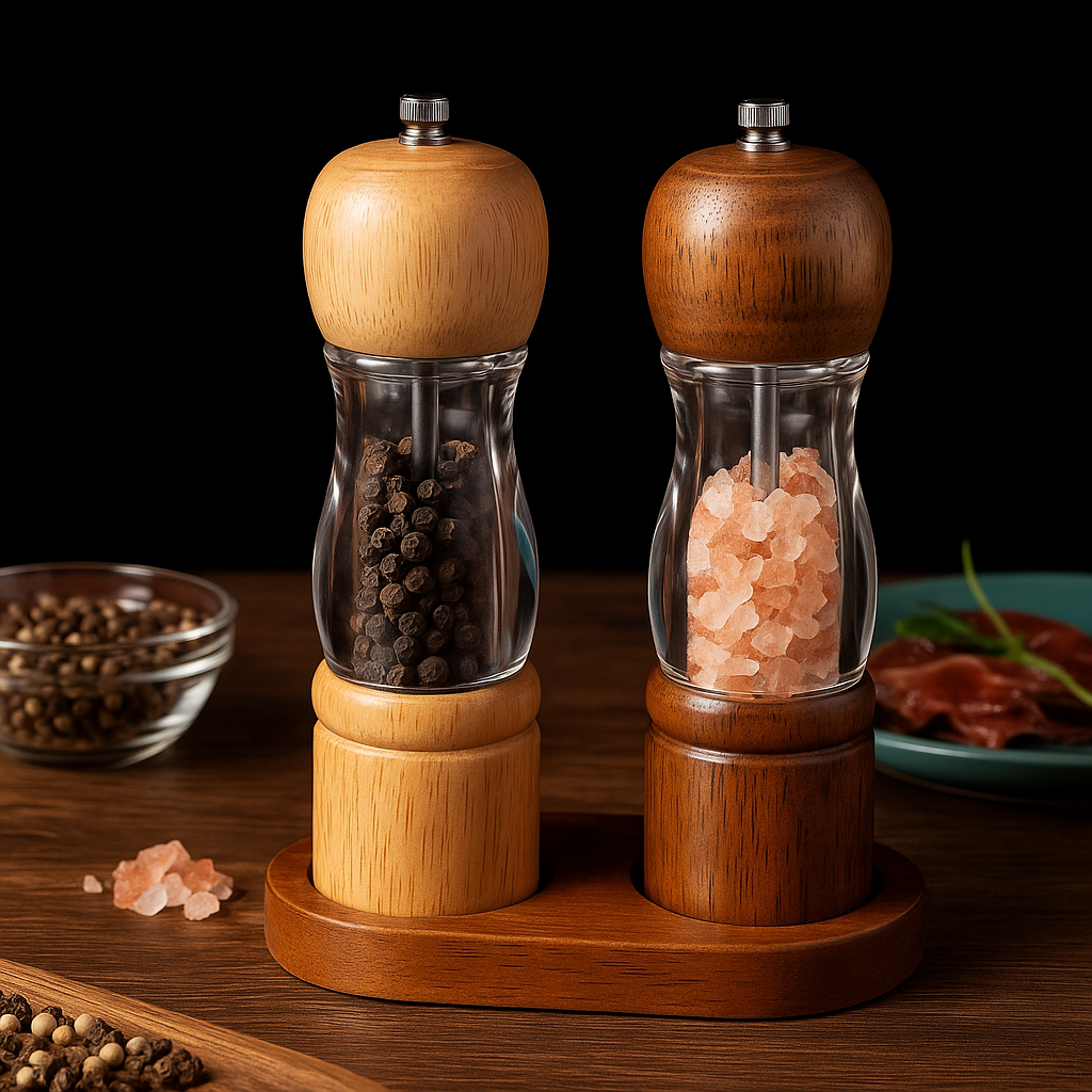 Moedores de Pimenta e Sal com Base de Madeira – Conjunto Retrô 8” em Vidro e Madeira