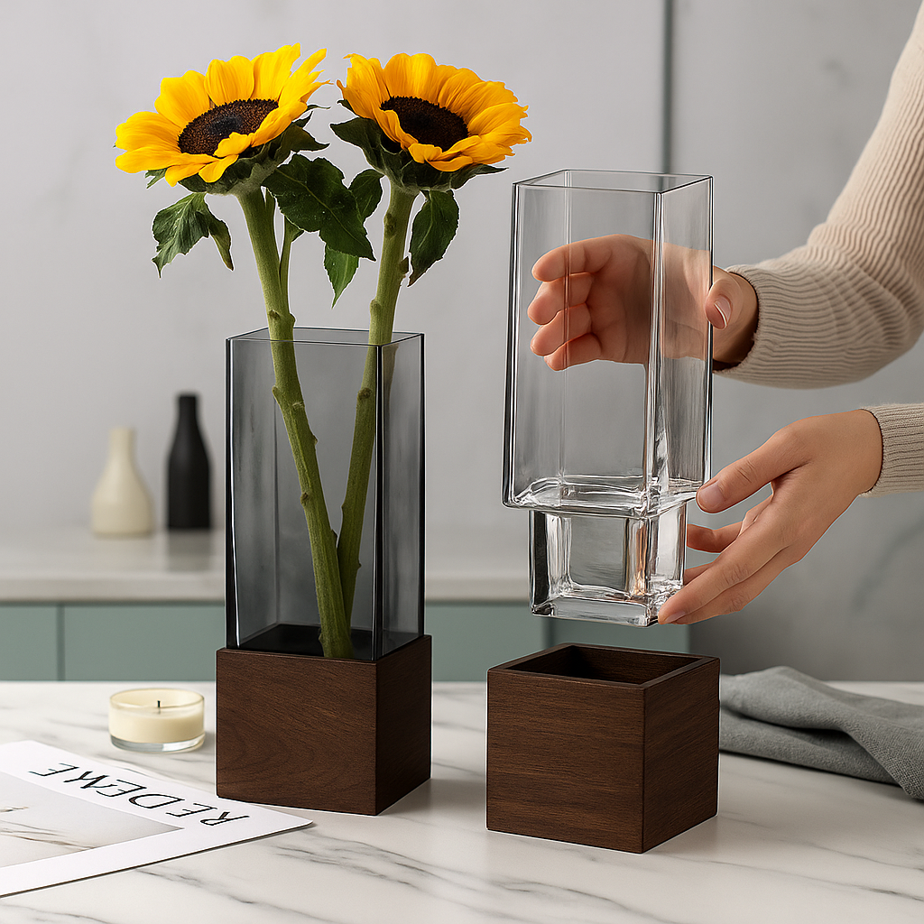 Vaso de Vidro Fumê com Base de Madeira – Design Minimalista Escandinavo