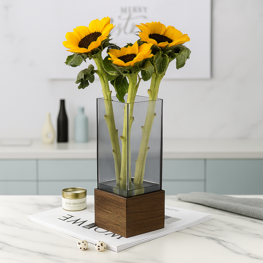 Vaso de Vidro Fumê com Base de Madeira – Design Minimalista Escandinavo