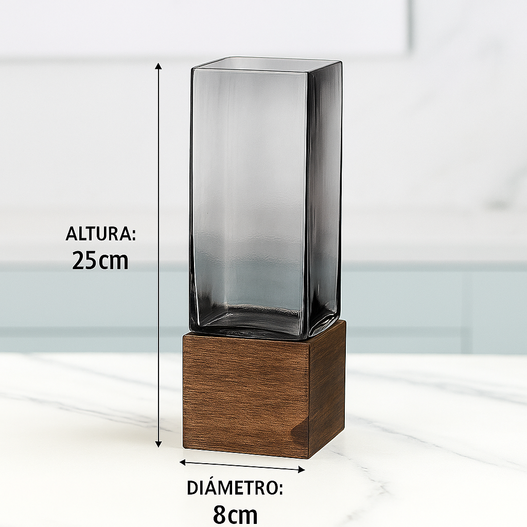 Vaso de Vidro Fumê com Base de Madeira – Design Minimalista Escandinavo