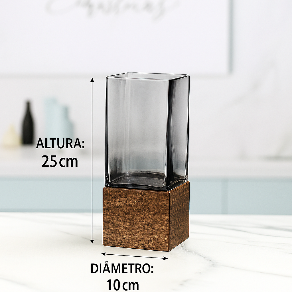 Vaso de Vidro Fumê com Base de Madeira – Design Minimalista Escandinavo