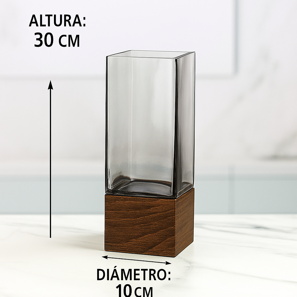 Vaso de Vidro Fumê com Base de Madeira – Design Minimalista Escandinavo