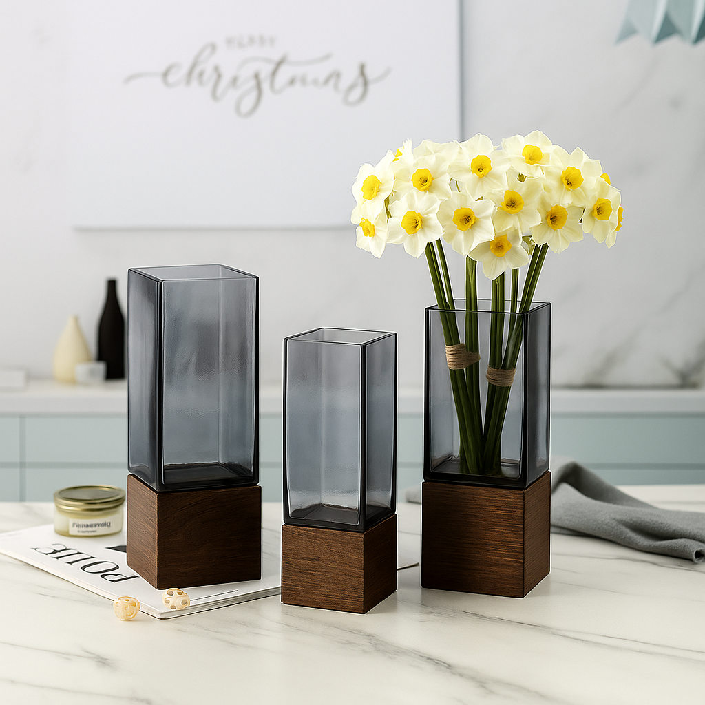 Vaso de Vidro Fumê com Base de Madeira – Design Minimalista Escandinavo