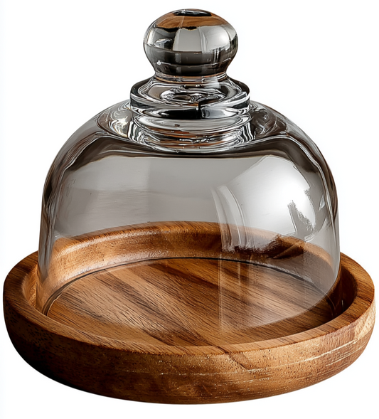 Cúpula de Vidro com Base em Madeira para Doces, Queijos e Decoração – Design Atemporal