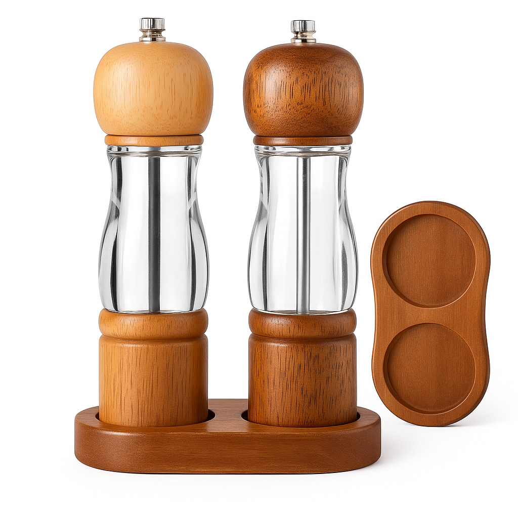 Moedores de Pimenta e Sal com Base de Madeira – Conjunto Retrô 8” em Vidro e Madeira