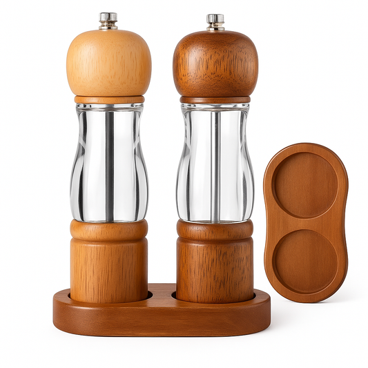 Moedores de Pimenta e Sal com Base de Madeira – Conjunto Retrô 8” em Vidro e Madeira