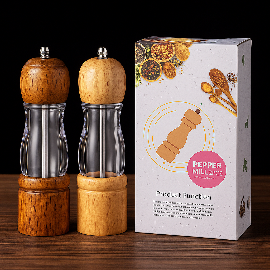 Moedores de Pimenta e Sal com Base de Madeira – Conjunto Retrô 8” em Vidro e Madeira