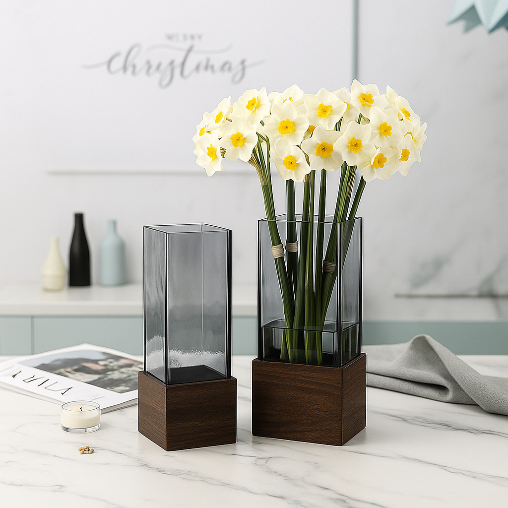 Vaso de Vidro Fumê com Base de Madeira – Design Minimalista Escandinavo