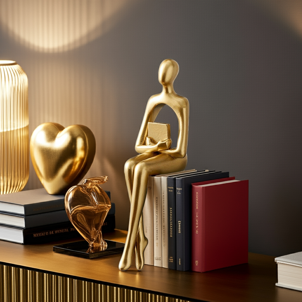 Escultura Decorativa Dourada Sentada – Arte Abstrata Minimalista 23cm